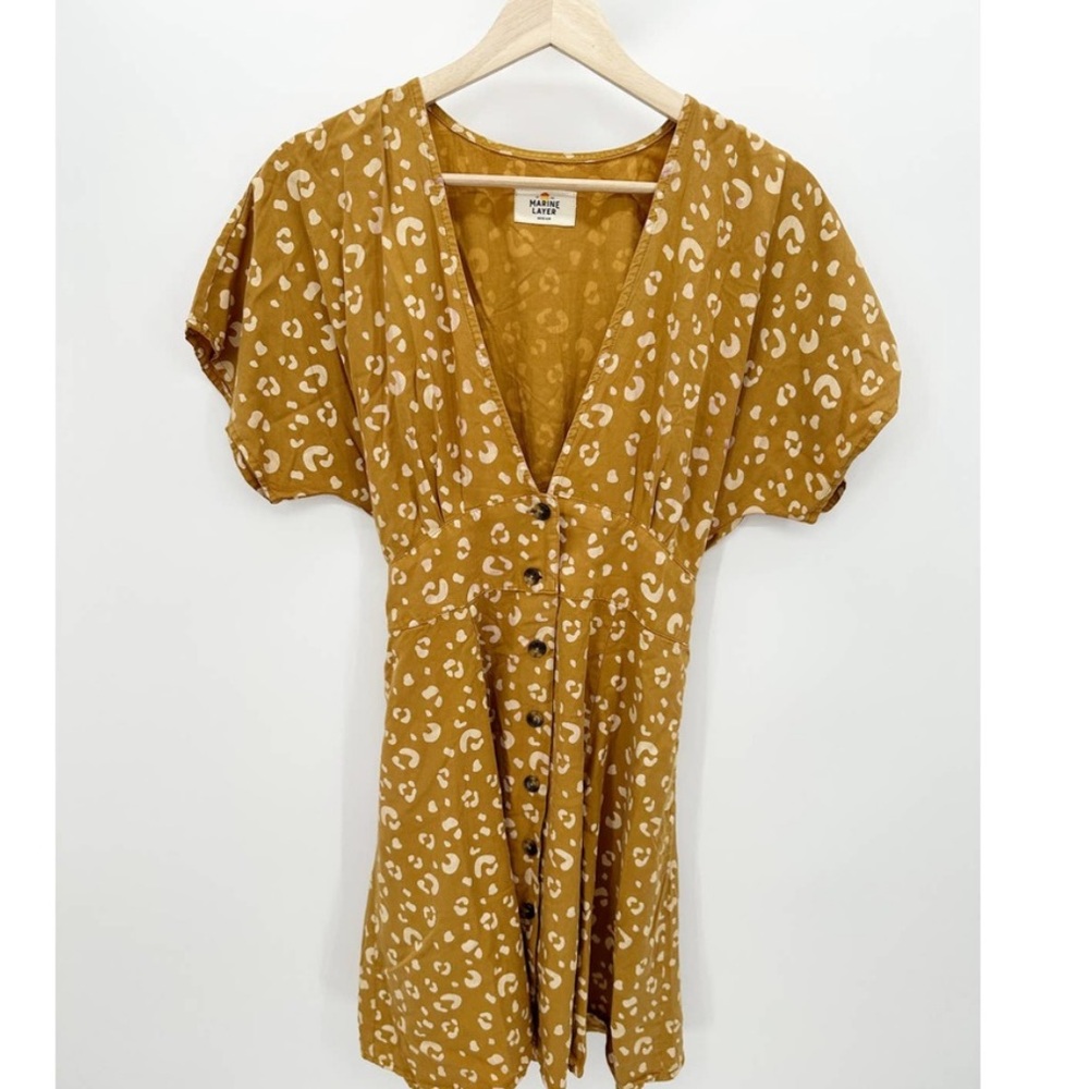 Marine Layer Womens Mustard Yellow Cheetah Leopard Printed Button Down Dress M